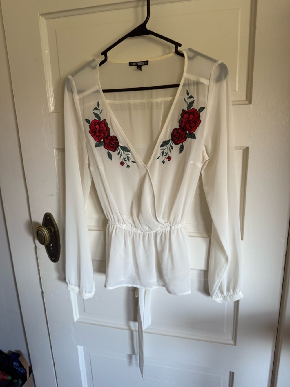 Express White Peplum Surplice Blouse with Red Rose Embroidery